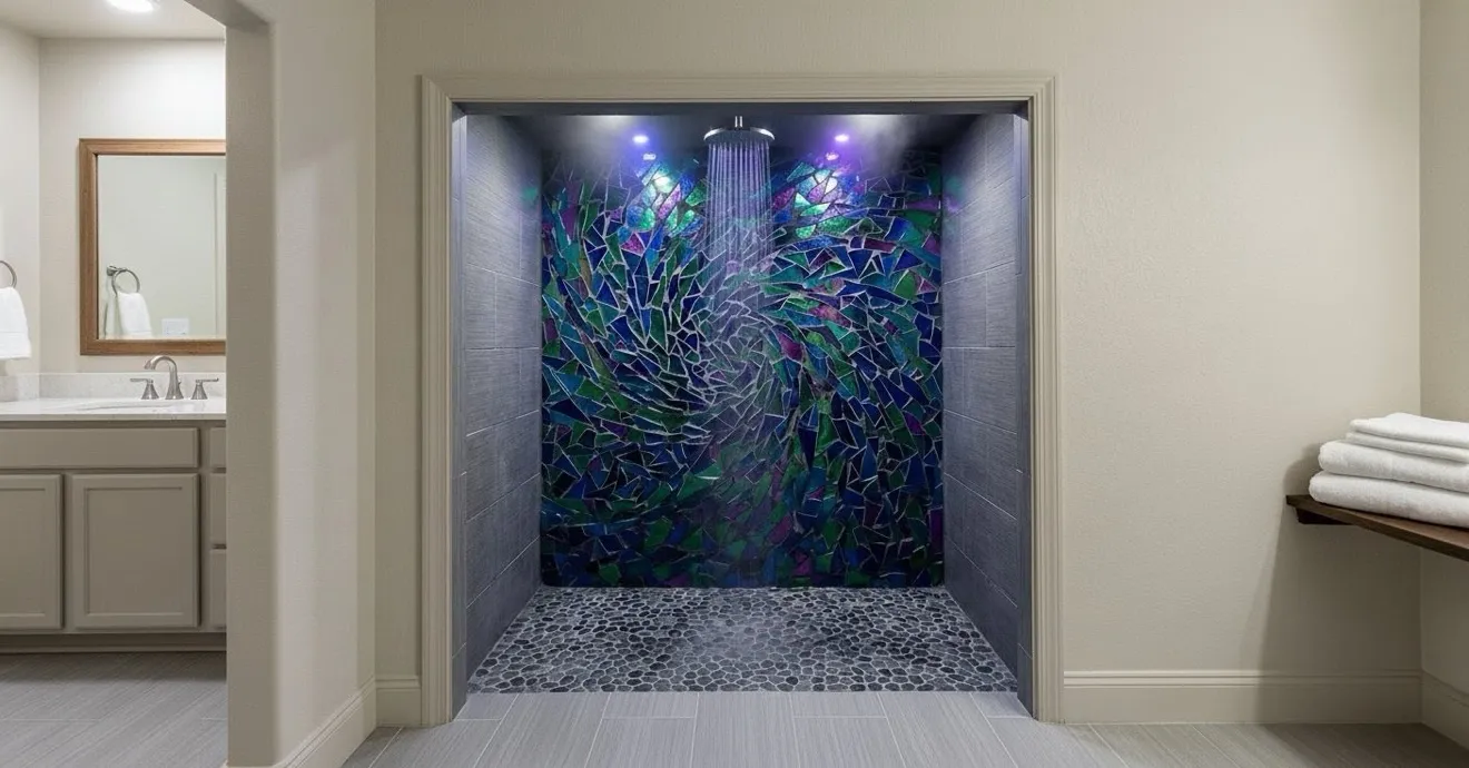 Glass wave hand-cut mosaic feature wall in a shower