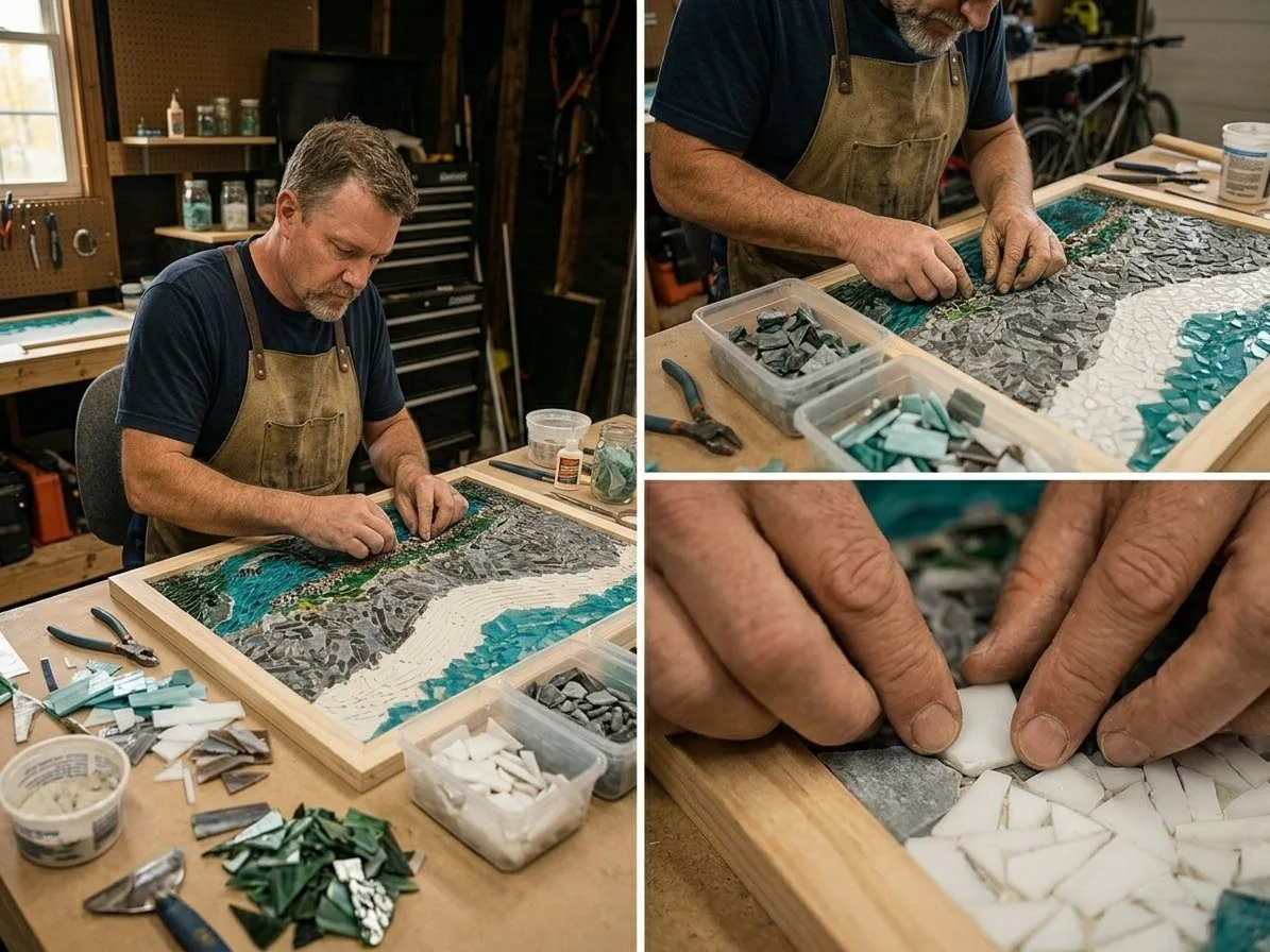 Simon setting a hand-cut mountain mosaic at the studio bench